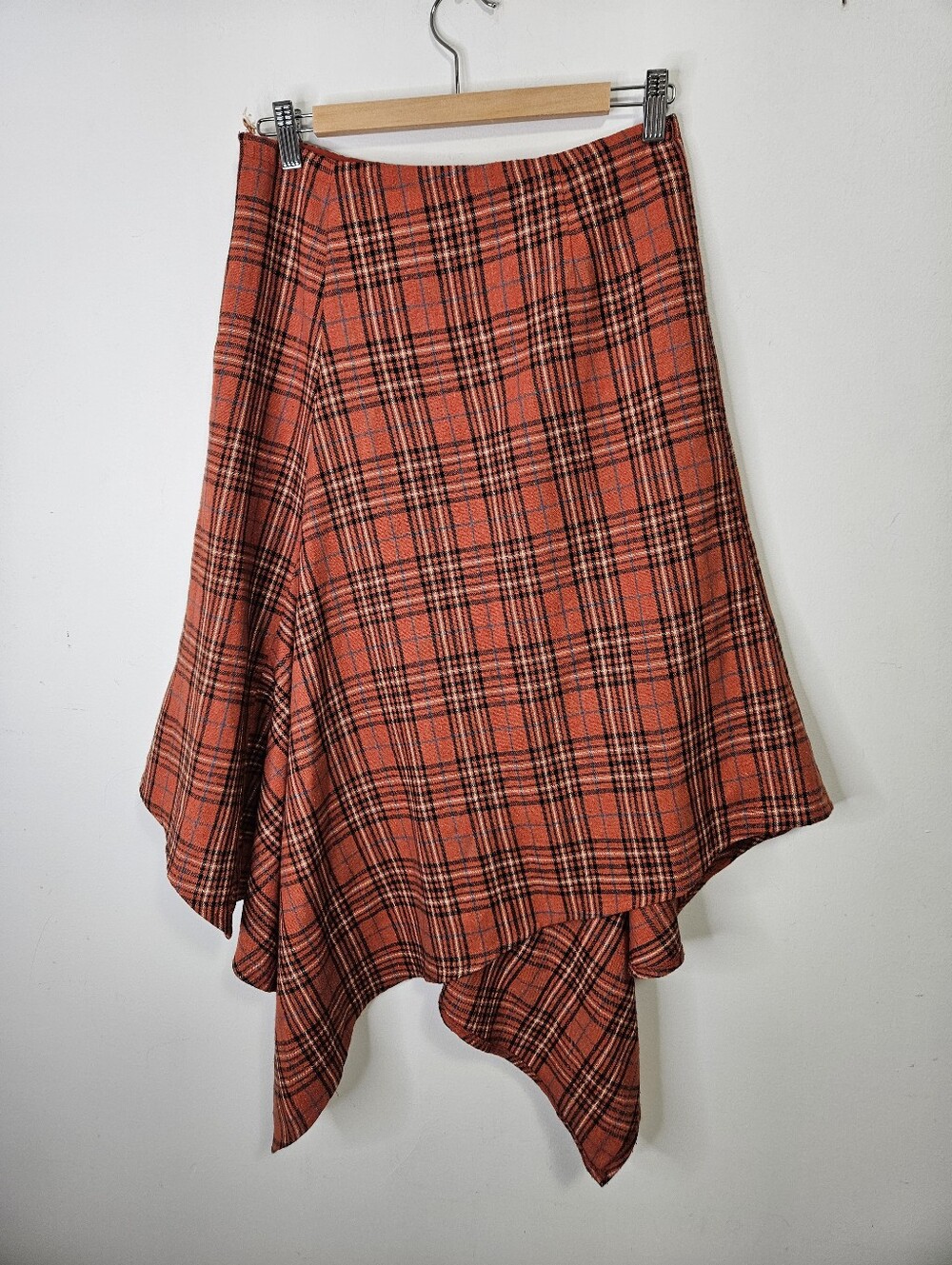 Y2K Tartan Asymetric Wool Midi Skirt Sz M Burnt Orange Plaid